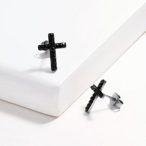 Aretes acero inoxidable cruz escarchada negra