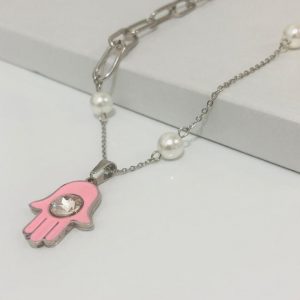 Collar color plata  acero inoxidable mano Fátima rosa