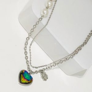 Collar 2 lienzos acero inoxidable corazón tornasol metálico