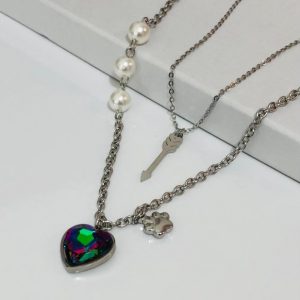 Collar 2 lienzos  acero inoxidable corazón tornasol metálico