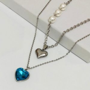 Collar 2 lienzos acero inoxidable corazón agua marina