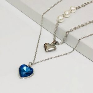 Collar 2 lienzos acero inoxidable corazón azul