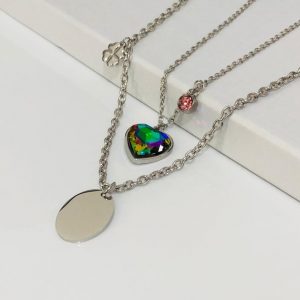 Collar 2 lienzos acero inoxidable corazón tornasol metálico