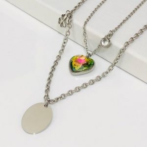 Collar 2 lienzos acero inoxidable corazón verde tornasol