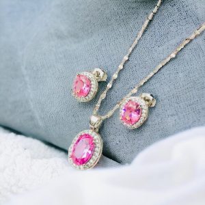 Conjunto color plata piedra rosa chapa de oro 18k