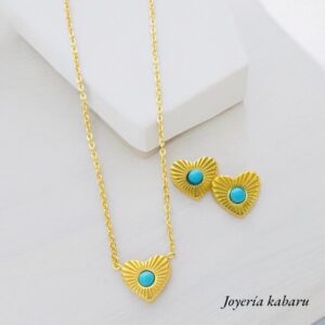 Conjunto dorado acero inoxidable corazon piedra verde