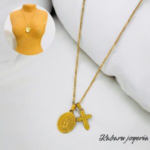 Collar dorado acero inoxidable dijes virgen y cruz