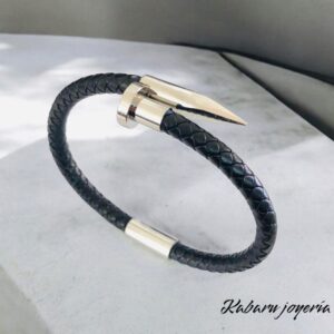 Pulsera cuero acero inoxidable estilo clavo color plata caballero