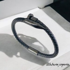 Pulsera cuero acero inoxidable estilo clavo color plata caballero