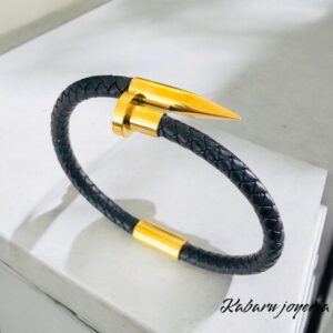 Pulsera cuero acero inoxidable estilo clavo dorada caballero