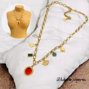 Collar dorado acero inoxidable piedra roja dijes colgantes