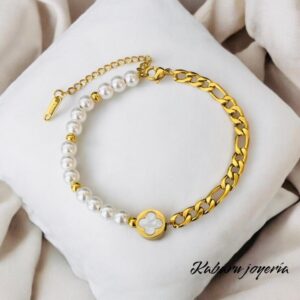 Pulsera dorada acero inoxidable perla trebol blanco