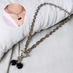 Collar plata acero inoxidable cereza negra