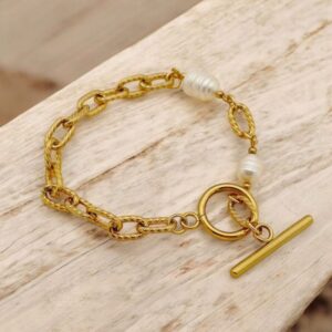 Pulsera dorada acero inoxidable perlas