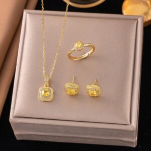 Set collar, pendientes y anillo acero inoxidable piedra ambar