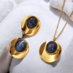Conjunto dorado acero inoxidable piedra azul