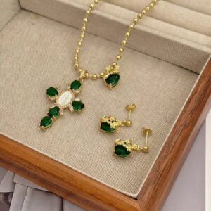 Conjunto dorado acero inoxidable cruz piedra verde