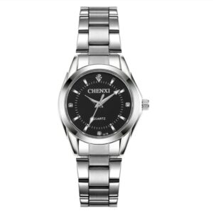 Reloj dama Chenxy acero color plata fondo negro