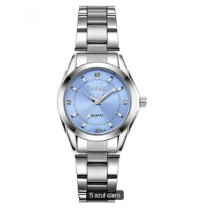 Reloj dama Chenxy acero color plata fondo azul