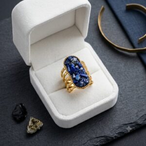 Anillo dorado acero inoxidable piedra azul
