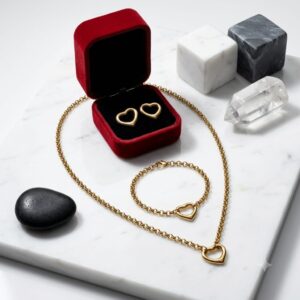 conjunto dorado acero inoxidable corazón